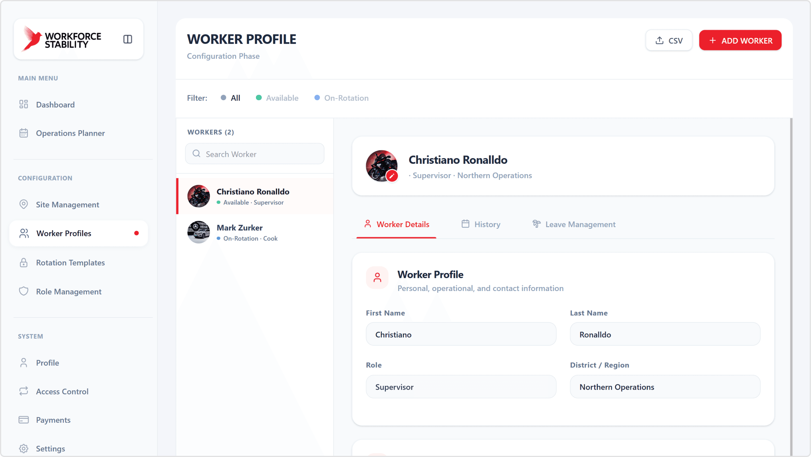 Workforce Stability worker profile and workforce availability view